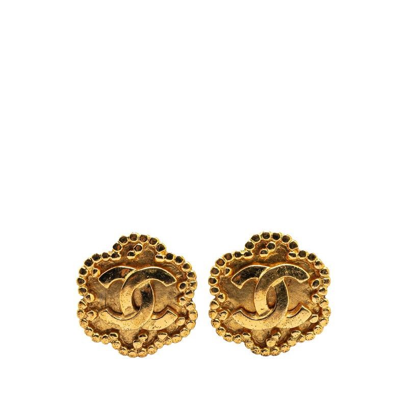 Chanel Vintage Coco Mark Earrings Gold Plated Ladies Jewelry Used