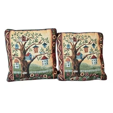 2 Vtg Mohawk Home Tapestry Throw  Pillows, Birdhouse Scene Granny Cottagecore