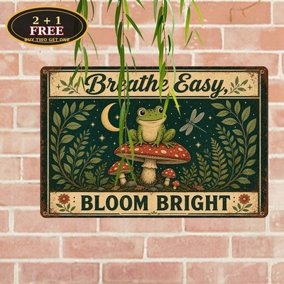 Cute Green Frog On Mushroom Forest Wildlife Fantasy Wall Decor Tin Sign