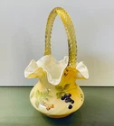 Fenton Hand Painted Basket Mountain Berry Yellow Overlay Cased Glass Signed
