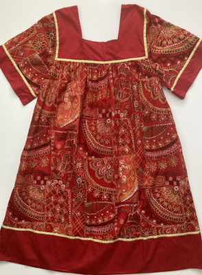 Bechamel 100% Cotton Dress L Square Red Gold Pockets Floral Paisly House MuuMuu