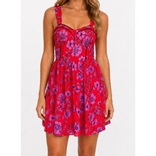 Band of the Free Red floral mini dress bustier bodice style Western PinUp S 4085