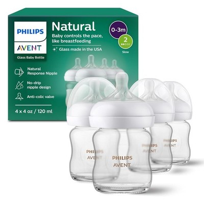 Philips Avent Natural Glass Baby Bottles 4oz 4 Pack in Opened Packaging Clean