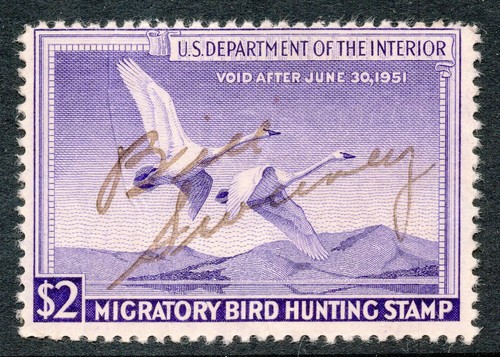 USA Hunting Permit Duck Stamp RW17 1950 $2 violet used single, gum thins CV $15