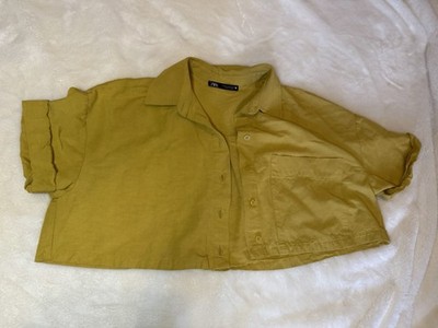 Zara Yellow Solid Collared Cropped Button-Up Short Sleeve Top Women s Size S