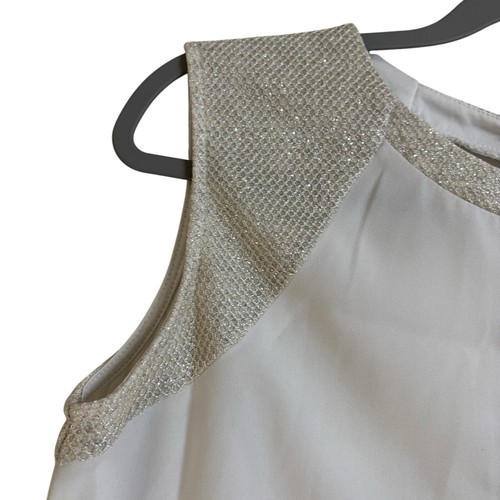 Caroline Morgan Top Size 8 White Metallic Trim Sleeveless Hi Low Hem Sheer - Picture 3 of 18