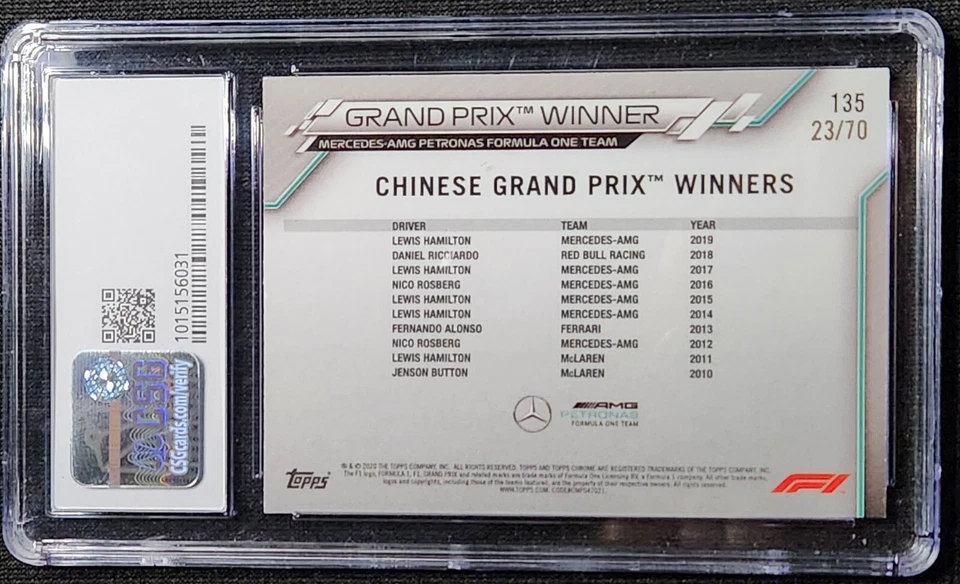 2020 Topps Chrome Sapphire #135 Lewis Hamilton /70 Refractor CSG 8.5 NM Mint 1/1 - Image 4 of 4