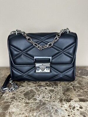 MICHAEL KORS SERENA MD FLAP CHAIN SHOULDER CROSSBODY QUILTED BAG BLACK/SILVER