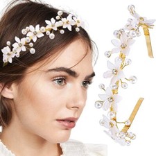A-Gold One Size Flower Headband Pearls Rhinestones Hairbands Floral Bride