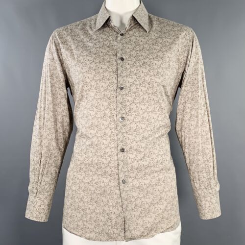 PRADA Size XL Taupe Black Print Cotton Spread Collar Long Sleeve Shirt