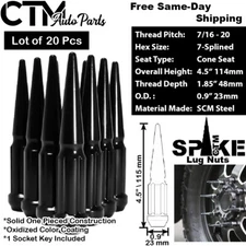 20Pc 4.5" TALL BLACK 7/16-20 SPLINE SPIKE LUG NUT+KEY FIT OLD SKYLARK CADILLAC