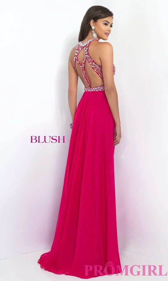 Vestido de Dama de honor Azul Rubor Abierto Espalda Larga Sin Mangas Adornado Talla 8 Foto 2 de 2