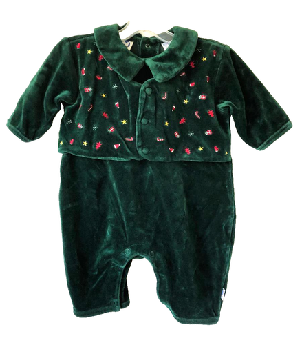 Nordstrom Baby N Holiday Boys Romper Embroidered Green Velvet Jumpsuit 6M Vntg - Picture 7 of 7