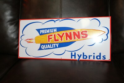 FLYNNS QUALITY HYBRIDS SEED CORN ROCKET EMBOSSED METAL SIGN SALES  GAS OIL JET