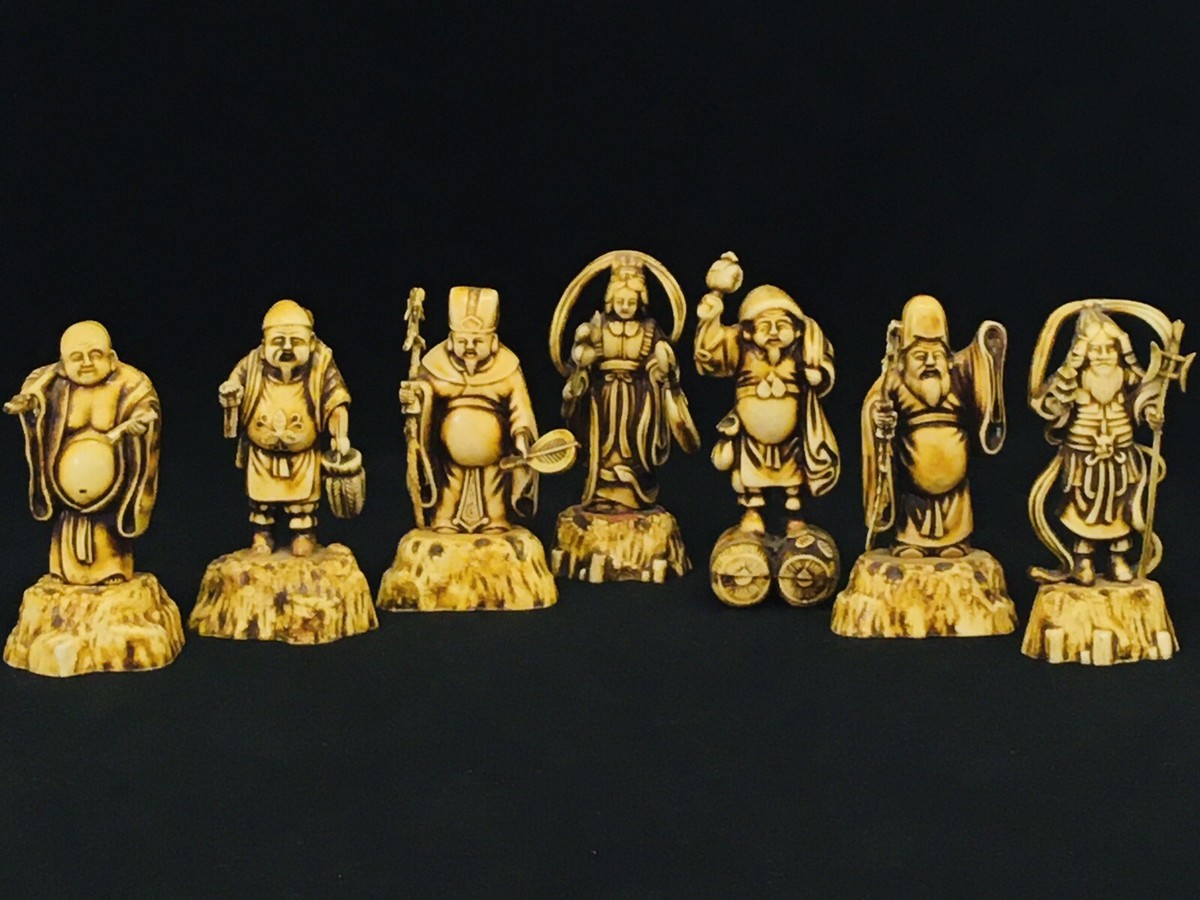 Japanese Seven Lucky Gods Figurines Celluloid or Plastic Japanese Seven Lucky Gods Figurines Celluloid or Plastic