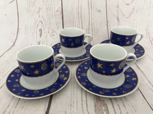 Set of 4 Pottery Barn Stars & Swirls Gold/Blue IDG Espresso coffee/Tea Cups