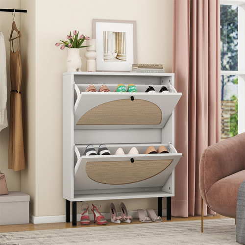 Rattan Shoe Cabinet with 2 Flip Drawers, Narrow Hidden Shoe Rack with M
