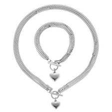 Stainless steel bracelet necklace Jewelry set 10mm Tri-layer chain heart Pendant