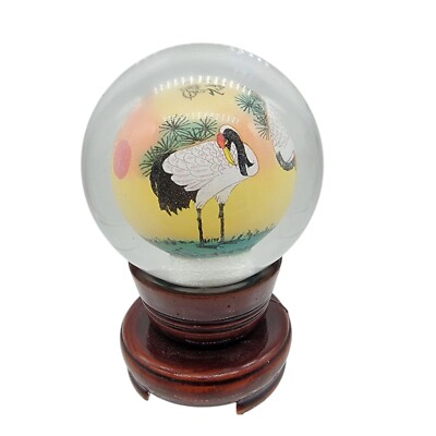 Chinese Reverse Painted Glass Sphere Orb Crane Design With Wooden Base