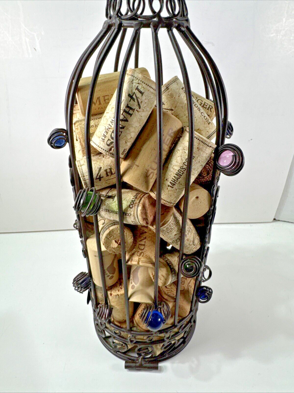 13.75" Decorative Marble Brown Bottle-Shaped Wire Wine Cork Holder w Corks