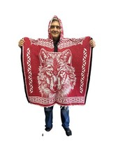 2XL MEXICAN PONCHO WITH HOOD , WOLF , WOLVES , BLANKET , ONE SIZE , RED