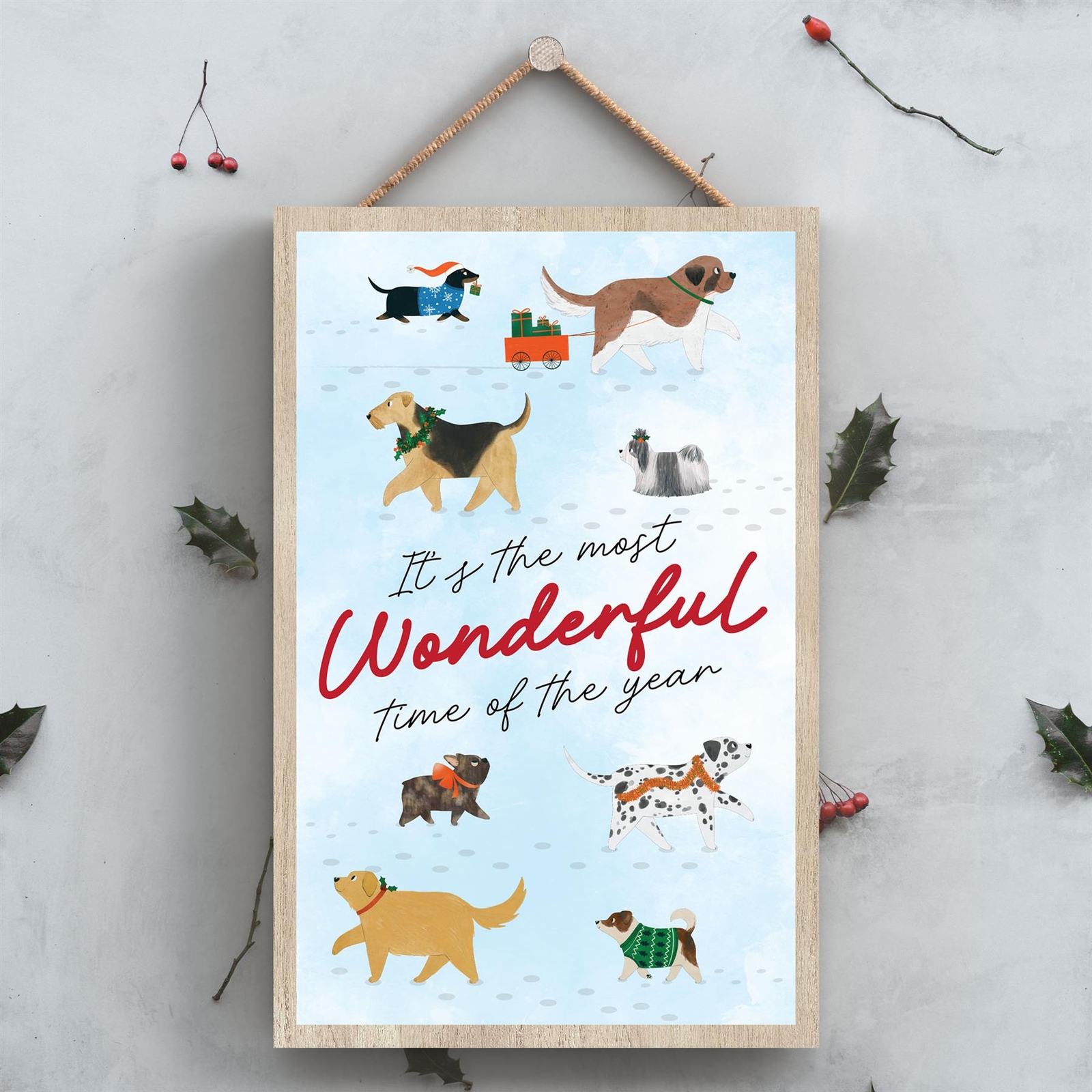 WONDERFUL TIME DOGS IN SNOW WOODEN HANGING SIGN CHRISTMAS WALL DECOR