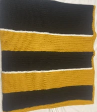 Vintage Handmade Afghan Blanket Throw Crochet Knit Striped BLACK & GOLD 66”x55”