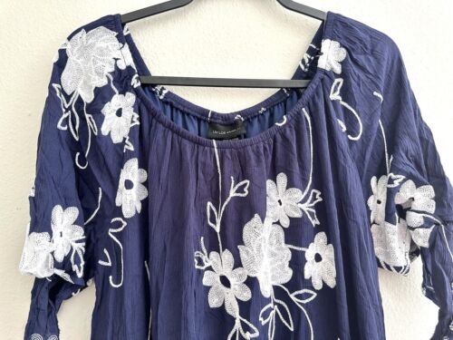 LIV Los Angeles Boho Peasant Dress Embroidered Floral Navy White XL Extra Large - Picture 2 of 5