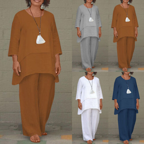 Womens Casual Loose Long Sleeve Shirt Blouse Tops+Wide Leg Pants Suits 2PCS US