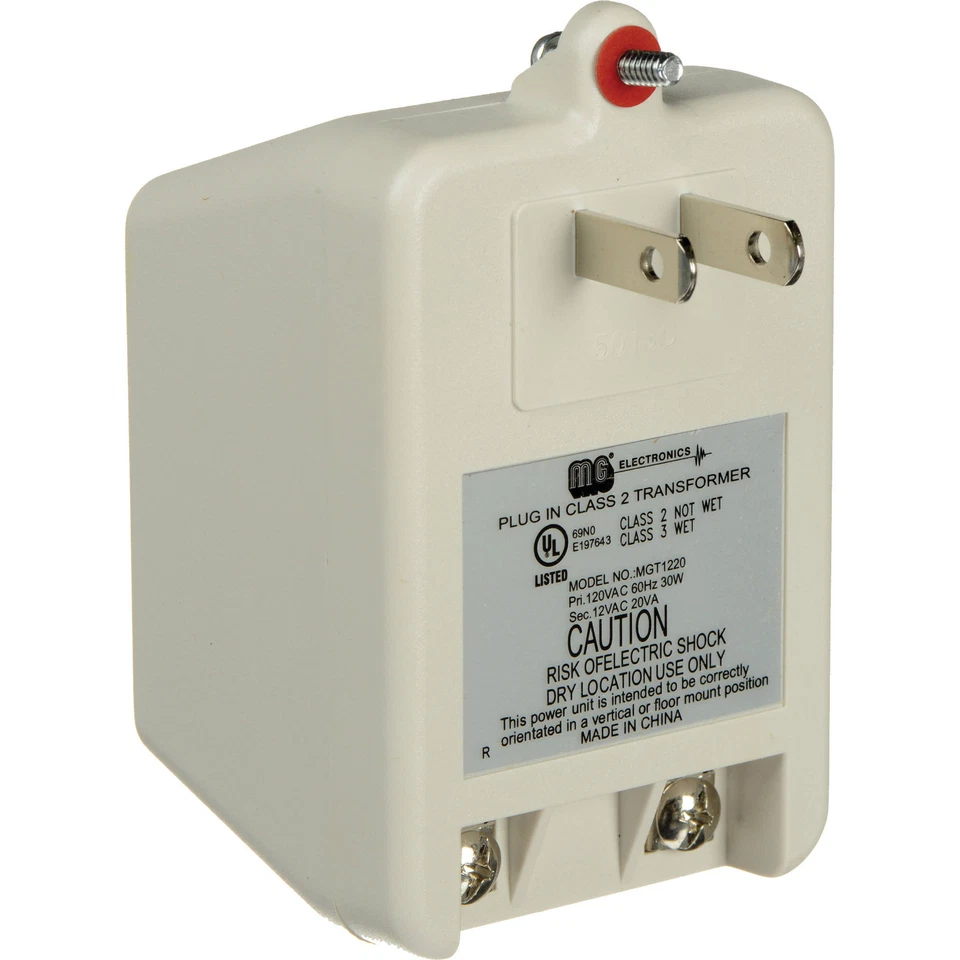 MG ELECTRONICS MGT-1220 AC 12V Transformer 20VA Plug in adapter for ALARM SECURITY ETC UL CE