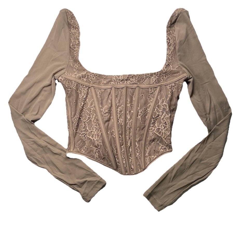 White Fox Taupe Lace Longsleeve Corset Top Size XS
