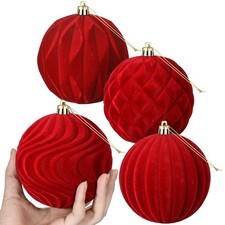 4 Pcs 4 Inch Red Large Velvet Christmas Ball Ornaments Vintage Christmas Plas...