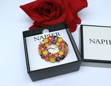 Napier Flower Rhinestone Butterfly Wreath Pin NIB Cat Rescue