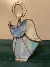 Vintage Blue/White Slag Stained Glass Angel Free Standing Halo 8.5  