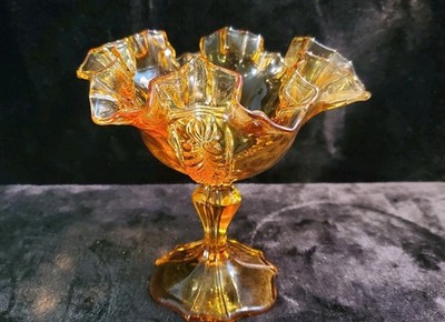 Vintage Fenton Amber Crimped Compote, Rare Find & Unique Pattern 