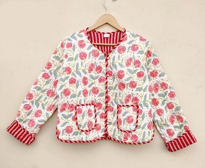 Indian Red Floral Quilted 100%Cotton Jacket Handmade Jacket Women's Clothing US