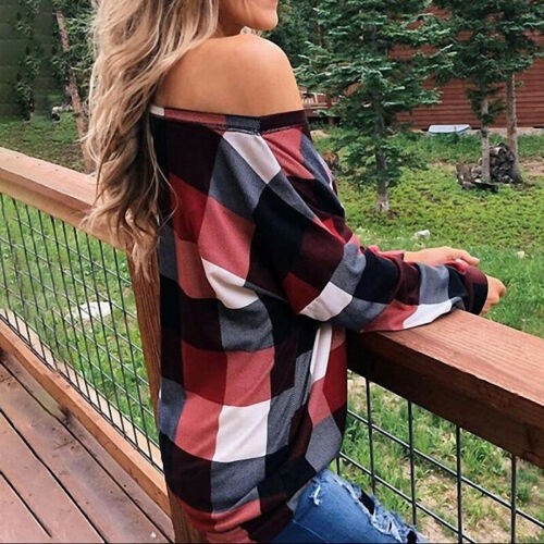 Blusa Camiseta Manga Larga Hombro Descubierto Mujer Prendas para el torso Camiseta a Cuadros Estampado Suelta Damas - Imagen 6 de 15