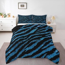 Zebra Duvet Quilt Queen Size Animal Print Bedding Set for Kids Blue Glitter B...