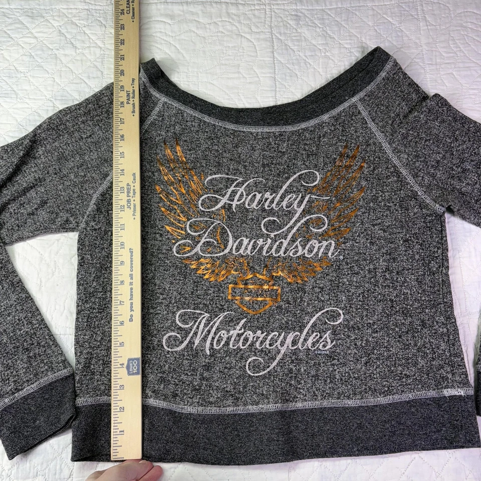 Harley-Davidson Sweatshirt Womens Large Gray Off Shoulder Wide Neck Wings Logo - Image 4 of 4