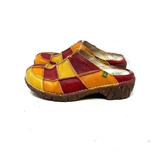 El Natura Lista Red Orange Yellow Leather Patchwork Mules Women's Size 5.5-6/36