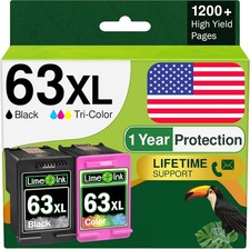 2 Pk 63XL Ink Cartridges for HP Deskjet 1110 1111 1112 2130 2132 3630 3632 5258