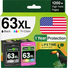 2 Pk 63XL Ink Cartridges for HP Deskjet 1110 1111 1112 2130 2132 3630 3632 5258