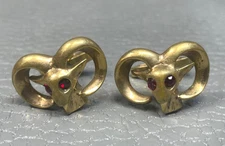 Vintage Custom Made Rams Head Red Stone Yellow Gold Plated Cuff Links