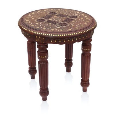 Runder Couchtisch Holz Handgeschnitzt Tisch 45cm Messing Intarsien Vintage Stil Hocker