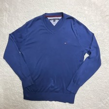 Tommy Hilfiger Men's Blue Knit V-Neck Pullover Sweater Logo Long Sleeve Size L