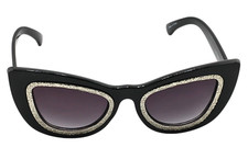 SUNGLASSES-Black Cat Eye Sunglasses Silver Trim Chic Fashion Shades Women Retro