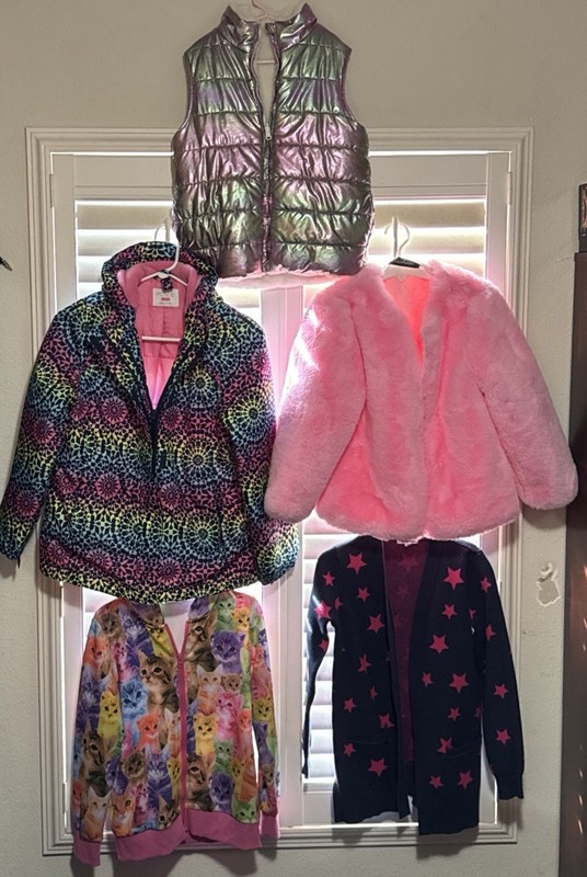 2 coats, 1 cardigan, 1 lightweight hoody, 1 reversible puffer vest