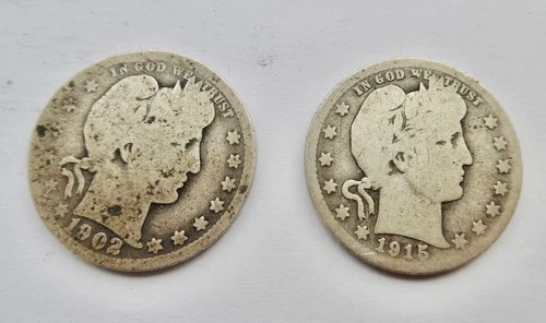 1902 & 1915-D Barber quarter dollar 90% SILVER US coin