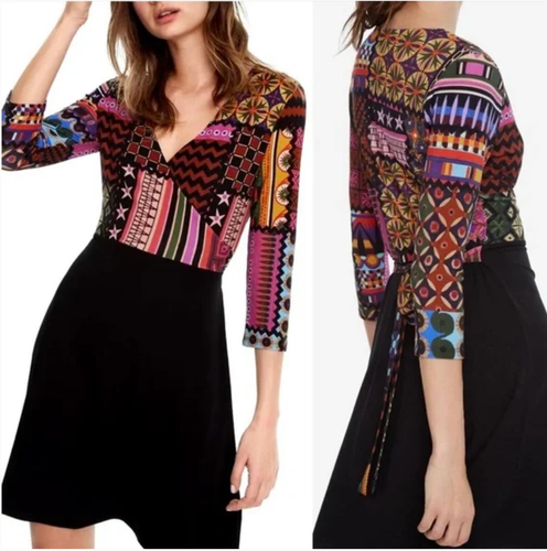 Desigual Women's Jill A Line Flared Dress Faux Wrap Multicolor size Small - Picture 5 of 12