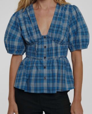$395 Derek Lam 10 Crosby Women's Blue Maureen Balloon Sleeve Top Size 0